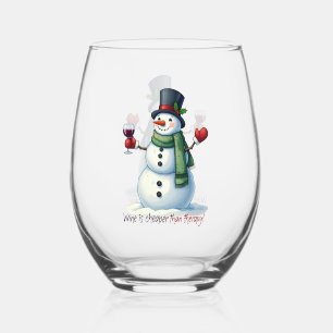 Funny Christmas snowman Holiday  Stemless Wine Glass