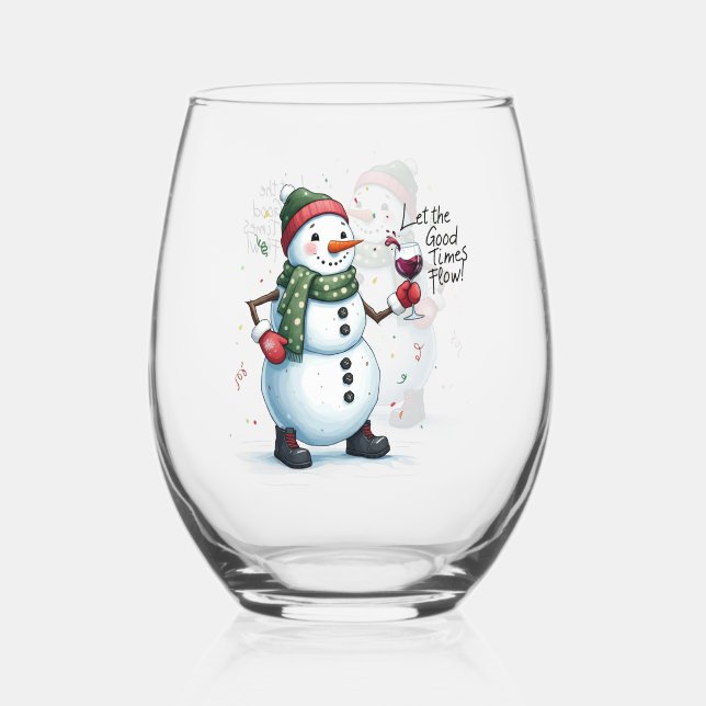 Funny Christmas snowman Holiday  Stemless Wine Glass (Front)