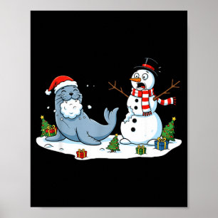 Funny Christmas Snowman Sea Lion Xmas Mens Womens Poster