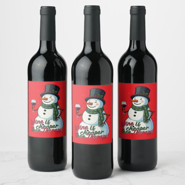 Funny Christmas snowman wine cheaper therapy Label (Bottles)