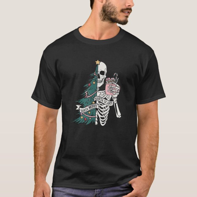 Funny Christmas Sorta Merry Sorta Scary Skeleton X T-Shirt (Front)