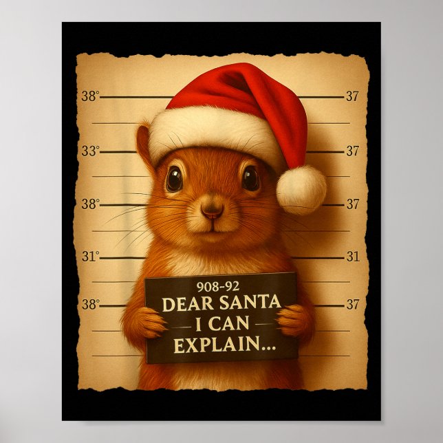 Funny Christmas Squirrel - Cute Squirrel Santa Hat Poster (Front)