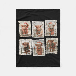 Funny Christmas Stamp Highland Cow Lover Merry Xma Fleece Blanket