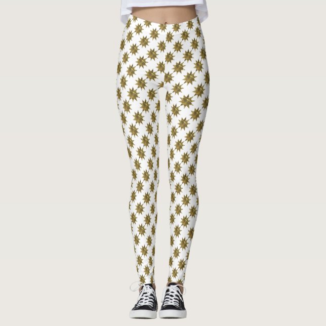 Funny Christmas Stars Gold White Leggings (Front)