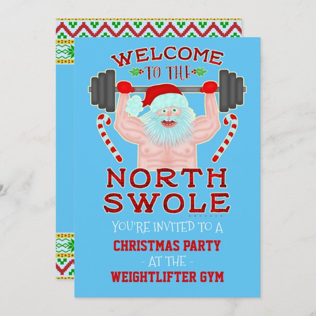 Funny Christmas Swole Santa Weightlifter Gym Party Invitation (Front/Back)