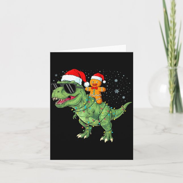 Funny Christmas T Rex Dinosaur Gingerbread Lights  Card (Front)