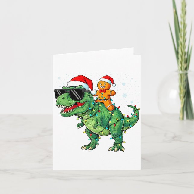 Funny Christmas T Rex Dinosaur Gingerbread Lights  Card (Front)