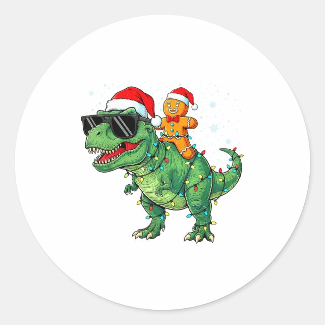 Funny Christmas T Rex Dinosaur Gingerbread Lights  Classic Round Sticker (Front)