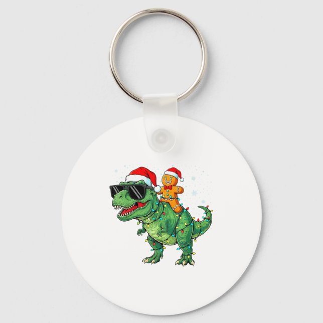 Funny Christmas T Rex Dinosaur Gingerbread Lights  Key Ring (Front)