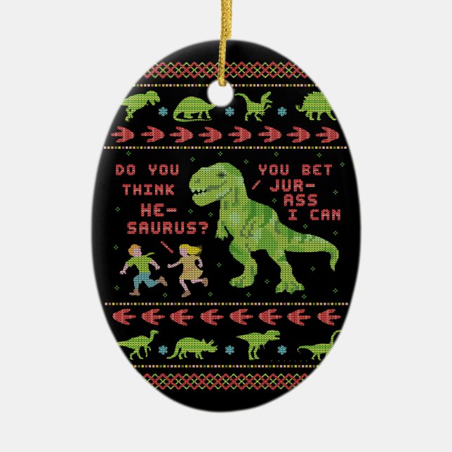 Funny Christmas T Rex Dinosaur Pun Humour Faux Ceramic Tree Decoration (Front)