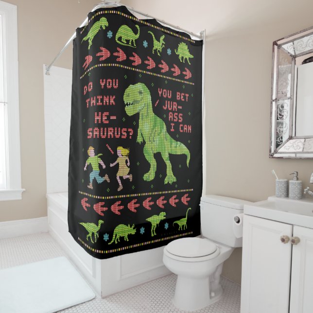 Funny Christmas T Rex Dinosaur Pun Humour Faux Shower Curtain (In Situ)