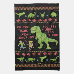 Funny Christmas T Rex Dinosaur Pun Humour Faux Tea Towel