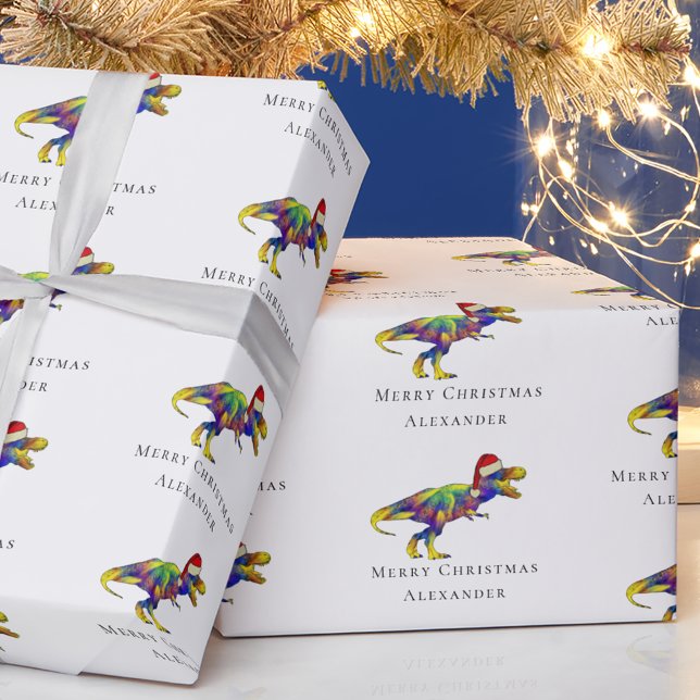 Funny Christmas T-Rex Personalised  Wrapping Paper (Funny christmas T-Rex dinosaur personalized boy name wrapping paper colorful funky Jurassic dino)