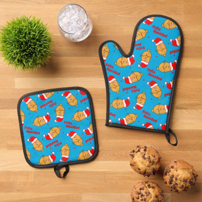 Funny Christmas Tamales Pattern Oven Mitt & Pot Holder Set (Top Down)