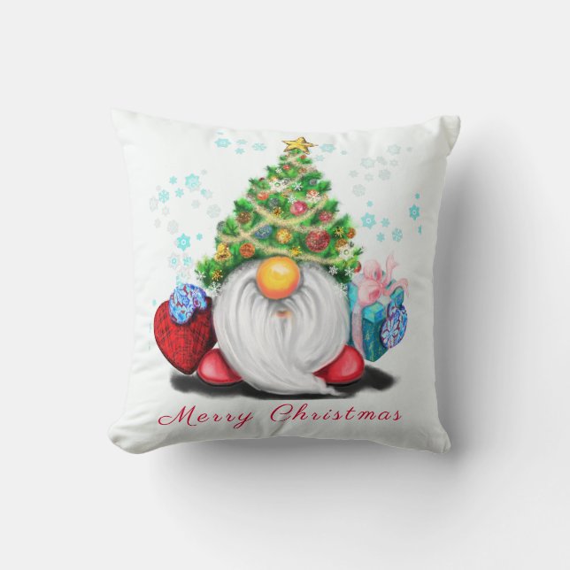 Funny Christmas Throw Pillow Gnome with Gifts (Front)
