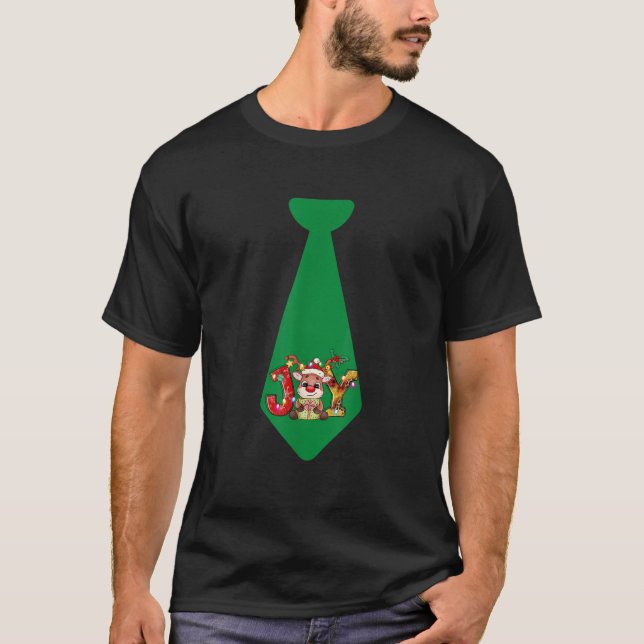 Funny Christmas Tie with Reindeer JOY for Family D T-Shirt (Front)