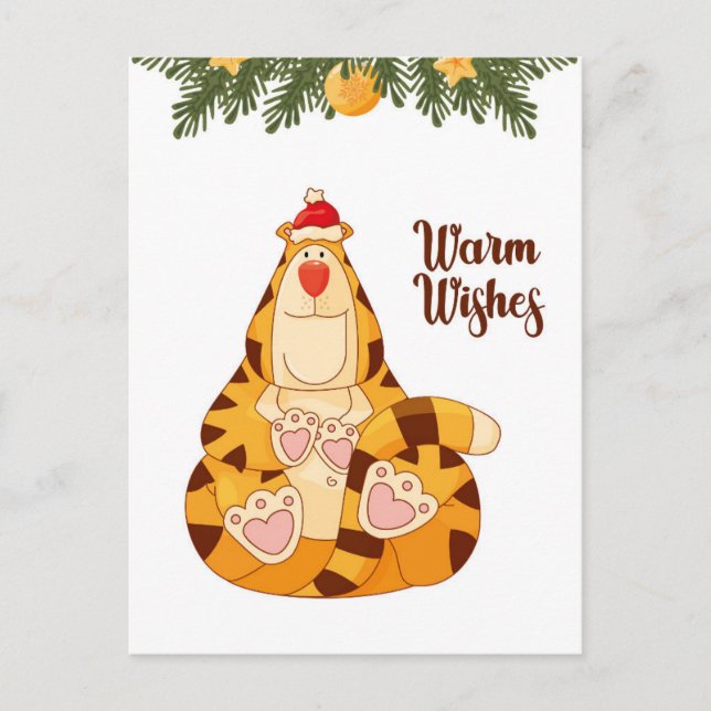 Funny Christmas Tiger Warm Wishes Holiday Postcard (Front)