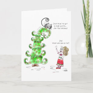 Funny Christmas Tree Cat Kitty cartoon Holiday Card