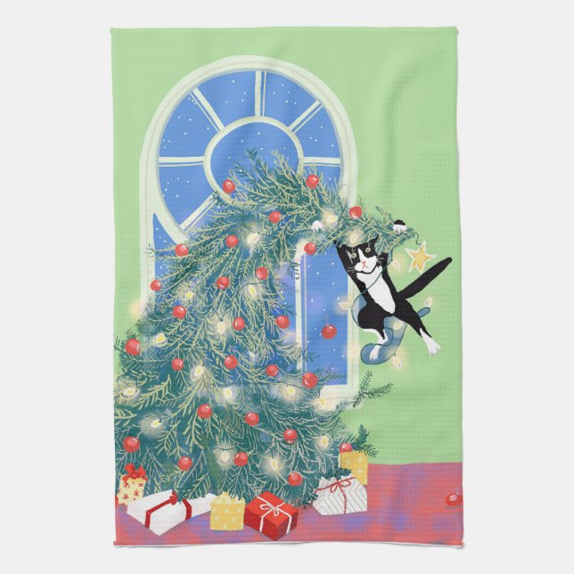 Funny Christmas tree cat Tea Towel (Vertical)