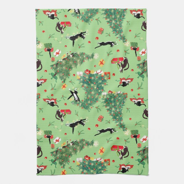 Funny Christmas Tree Cat Tea Towel (Vertical)