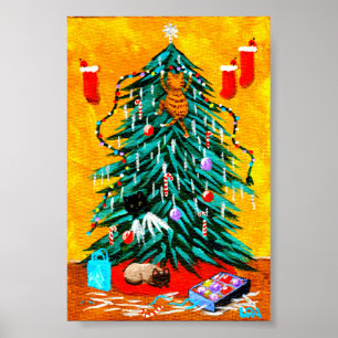 Funny Christmas Tree Cats Creationarts Poster