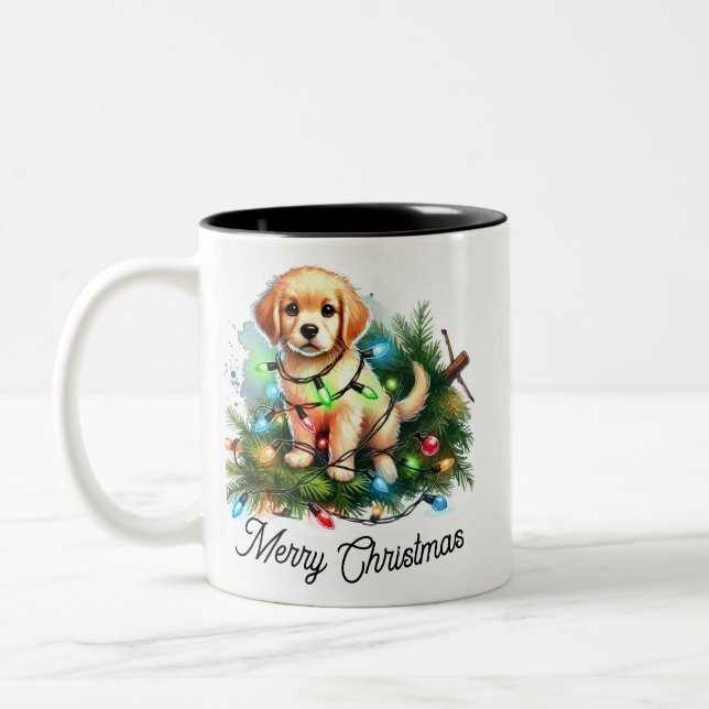 Funny Christmas Tree Conqueror Santa Dog  Two-Tone Coffee Mug (Left)