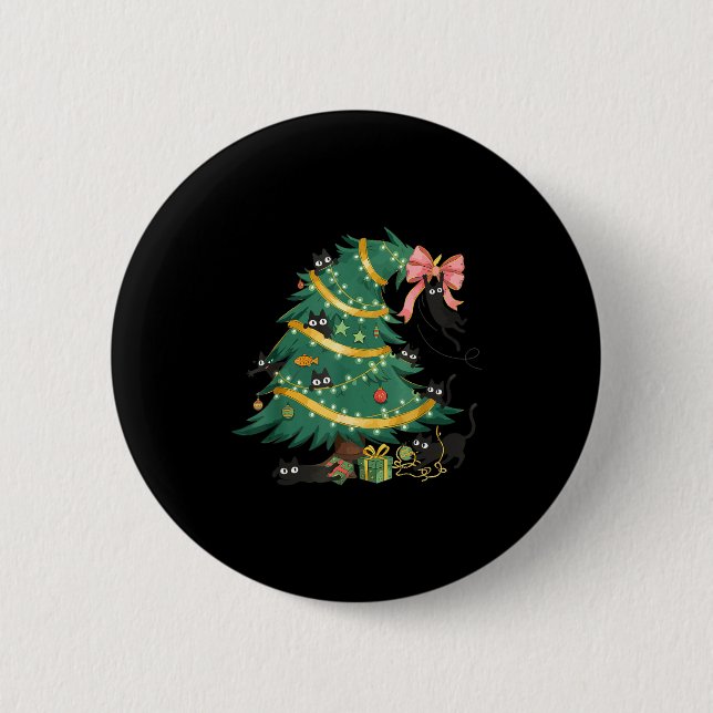 Funny Christmas Tree Cute Black Cat Matching Famil 6 Cm Round Badge (Front)