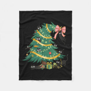 Funny Christmas Tree Cute Black Cat Matching Famil Fleece Blanket