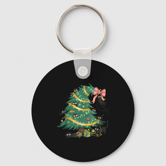Funny Christmas Tree Cute Black Cat Matching Famil Key Ring (Front)