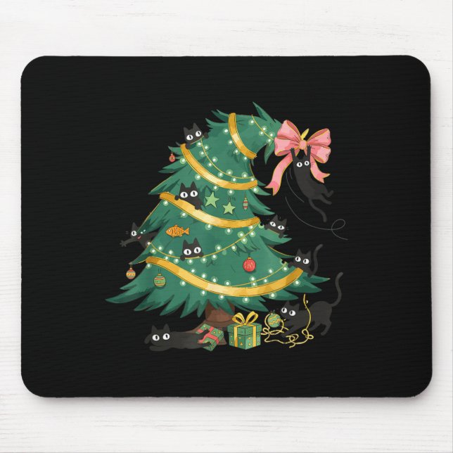 Funny Christmas Tree Cute Black Cat Matching Famil Mouse Mat (Front)
