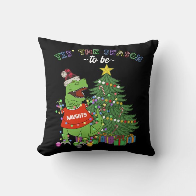 Funny Christmas Tree Dinosaur Naughty List Cushion (Front)