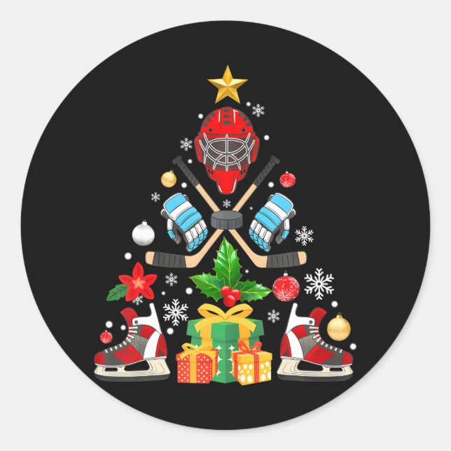 Funny Christmas Tree Ice Hockey Players Xmas Classic Round Sticker (Front)