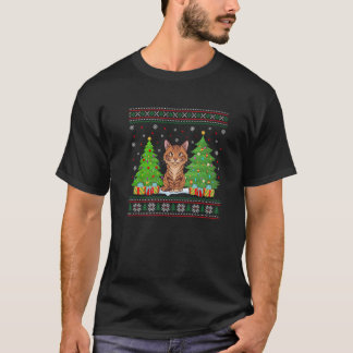 Funny Christmas Tree Lights Savannah Cat Xmas Ugly T-Shirt