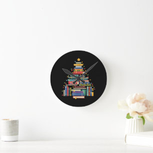 Funny Christmas Tree Made of Books Librarian Round Clock