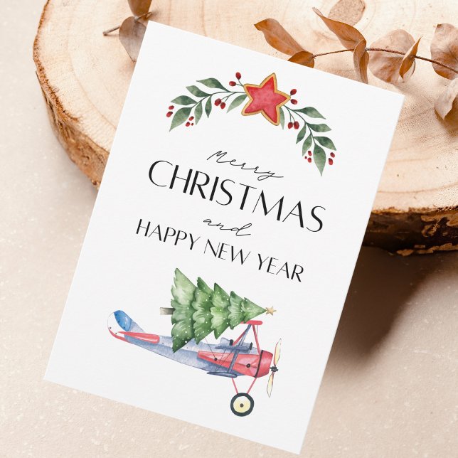 Funny Christmas Tree on Aeroplane & Family Photo Card (Creator Uploaded)