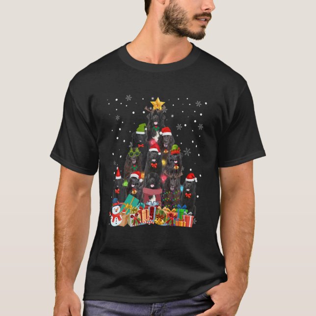 Funny Christmas Tree Xmas Lights Newfoundland Dog T-Shirt (Front)