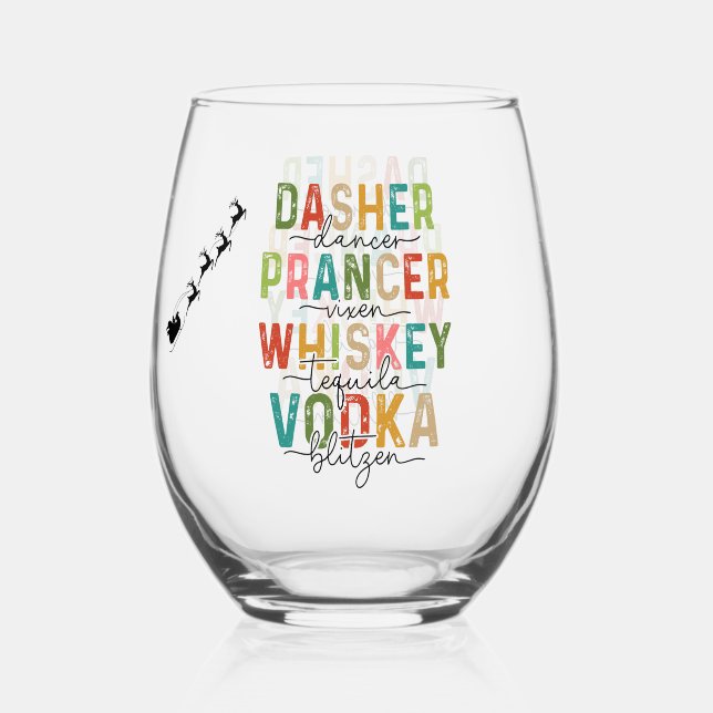 Funny Christmas Tumbler Dasher Prancer Blitzen Stemless Wine Glass (Front)