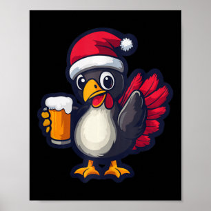 Funny Christmas Turkey Animal With Beer Comic Poster