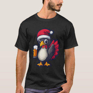 Funny Christmas Turkey Animal With Beer Comic T-Shirt