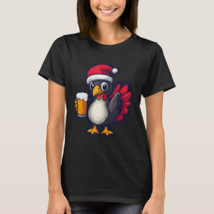 Funny Christmas Turkey Animal With Beer Comic  T-Shirt