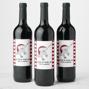 Funny Christmas Unicorn Red White Striped Wine Label