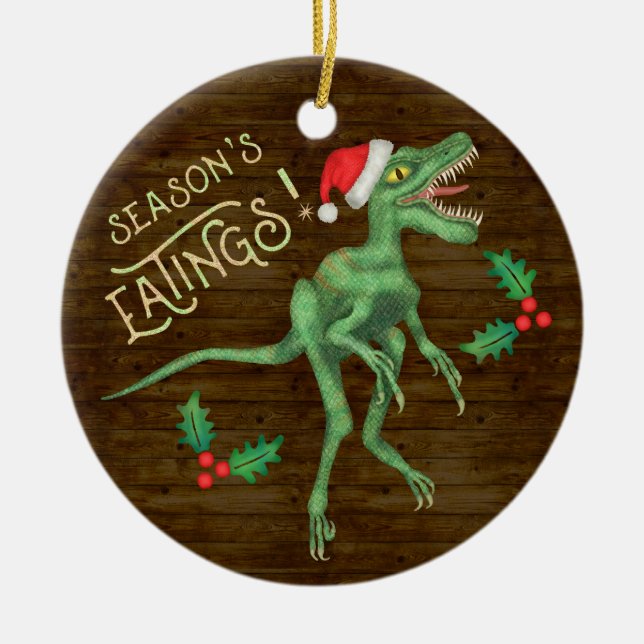 Funny Christmas Velociraptor Dinosaur Eatings Ceramic Tree Decoration (Front)