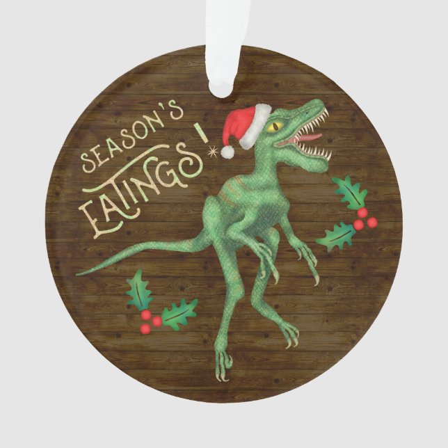 Funny Christmas Velociraptor Dinosaur Eatings Ornament (Front)