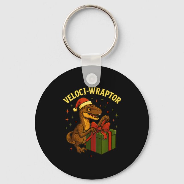 Funny Christmas Velociraptor Pun Veloci-wraptor  Key Ring (Front)