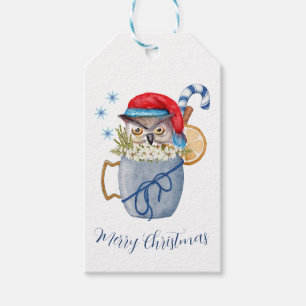 Funny Christmas Watercolor Owl Red Santa Hat Gift Tags
