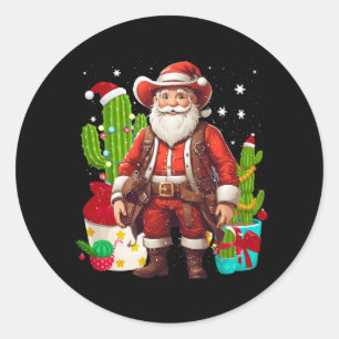 Funny Christmas Western Cowboy Santa Claus And Can Classic Round Sticker