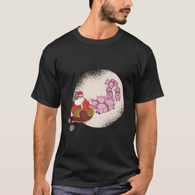 Funny Christmas When Pig Fly Oinkers Pulling Sleig T-Shirt (Front)