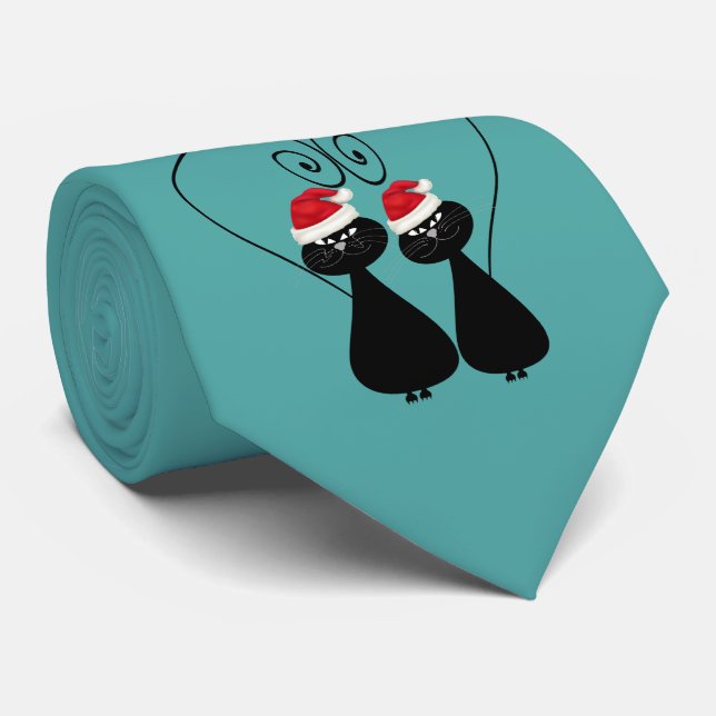 Funny Christmas whimsical cartoon cat love couple Tie (Rolled)