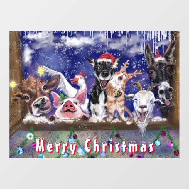 Funny Christmas Window Cling Happy Animal Party (Sheet)