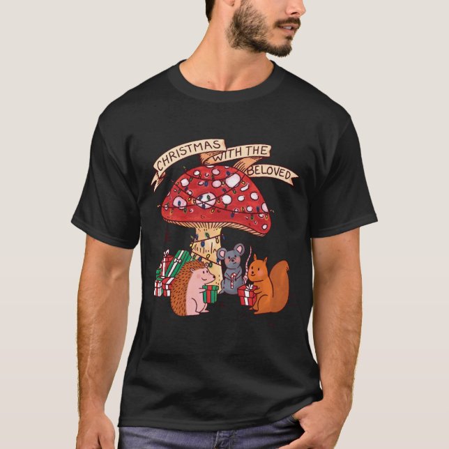 Funny Christmas with Mushroom Squirrel Mouse and M T-Shirt (Front)